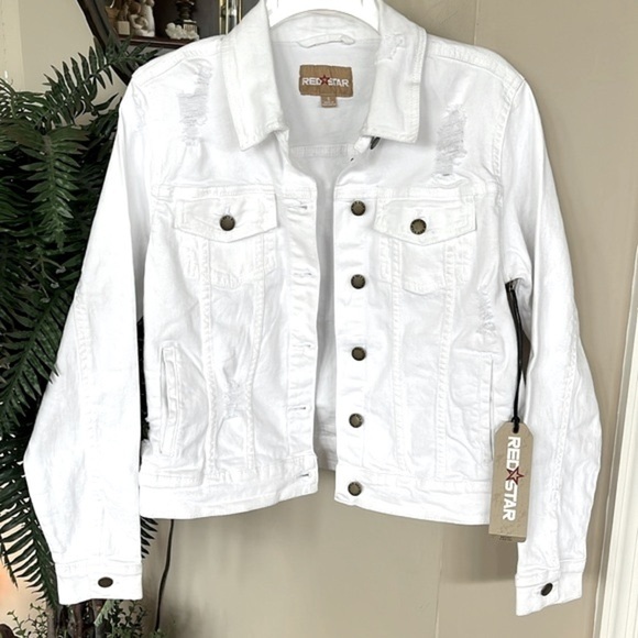 Brand New Red Star White Denim Button Up Collar Jean Jacket Distressed Cotton - Picture 1 of 15